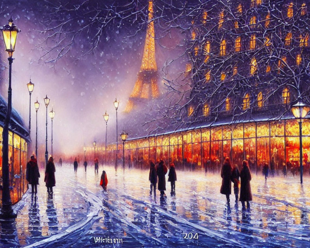 Snowy Evening Scene: People Walking by Illuminated Buildings with Eiffel Tower in Background