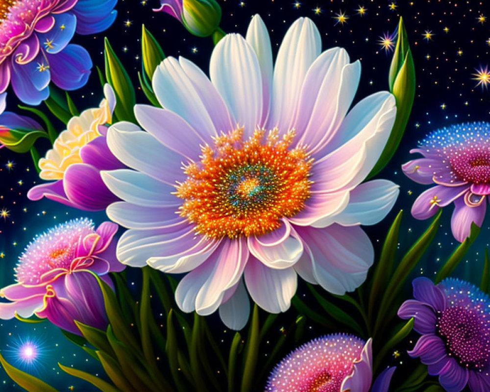 Detailed Digital Art: Luminescent Purple and White Flowers on Starry Backdrop