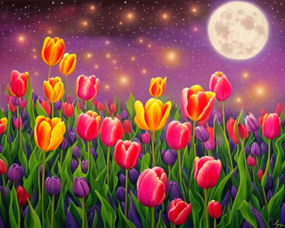 Vibrant painting of tulip field at night with moon and starry sky