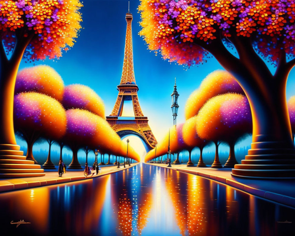 Stylized painting of Eiffel Tower at sunset with colorful trees and silhouettes.