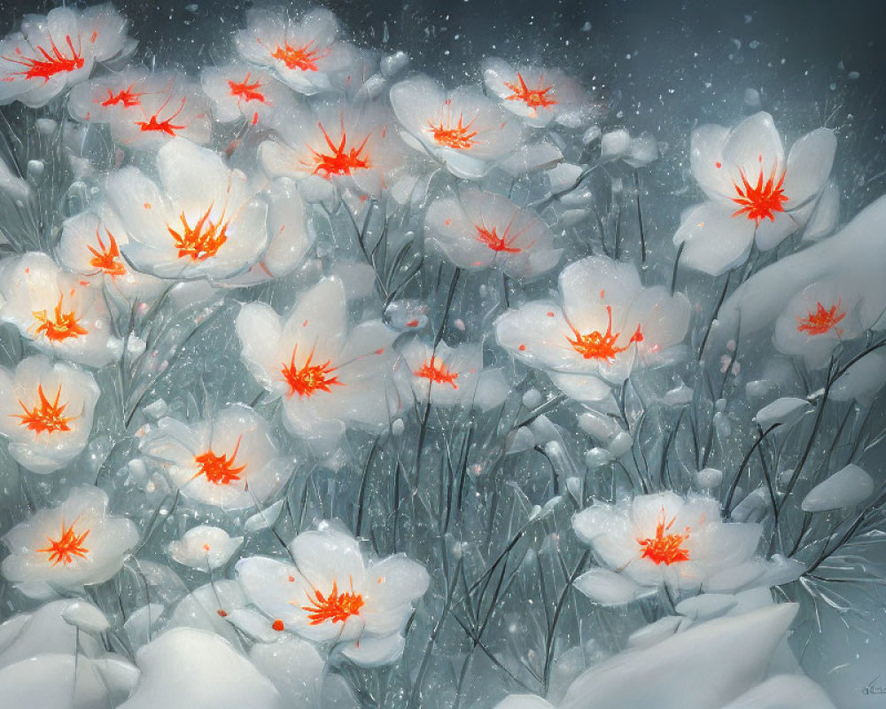 Snow-dusted white flowers with red centers in winter scene