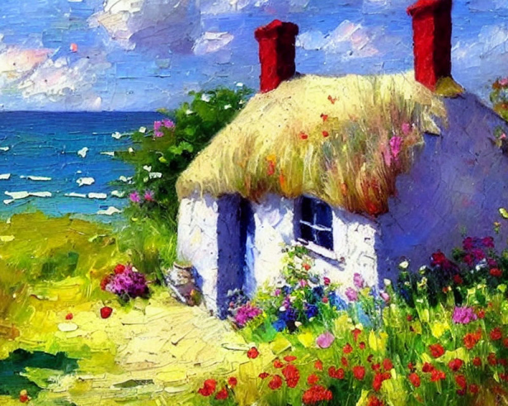 White Thatched Roof Cottage Surrounded by Flowers and Sea View