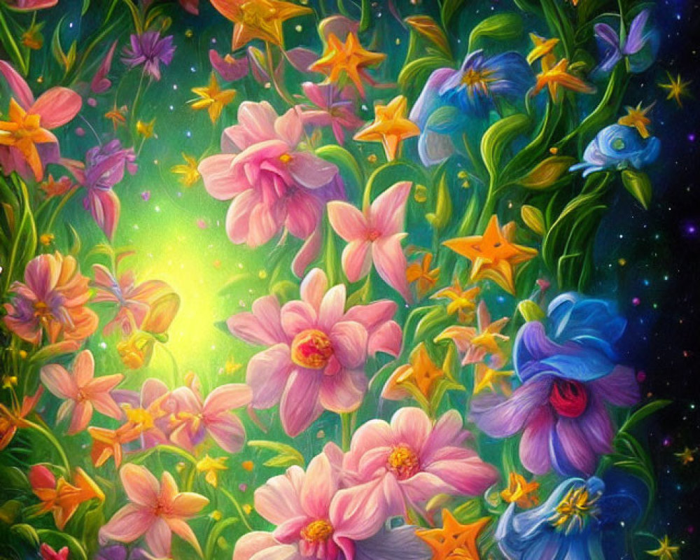 Colorful Flower Artwork with Cosmic Starry Background