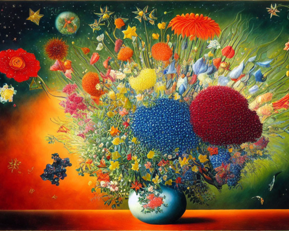 Colorful Flower Bouquet Painting Against Cosmic Starry Sky