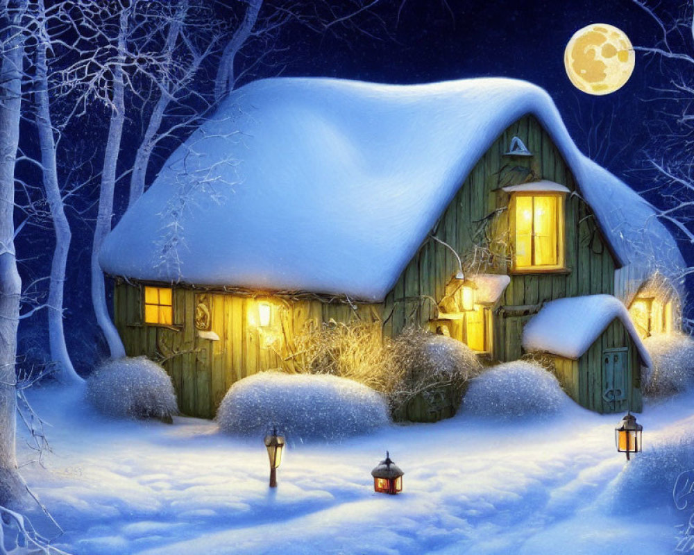 Snow-covered cottage with warm light on serene winter night