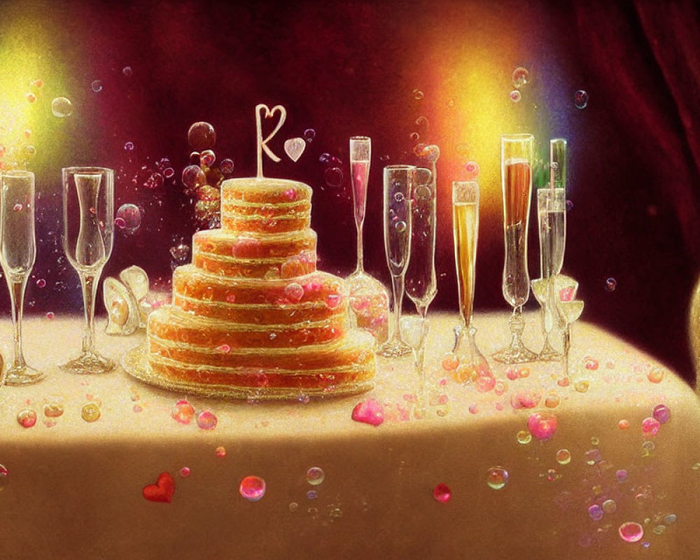 Romantic Pancake Stack with Champagne and Heart Confetti Display