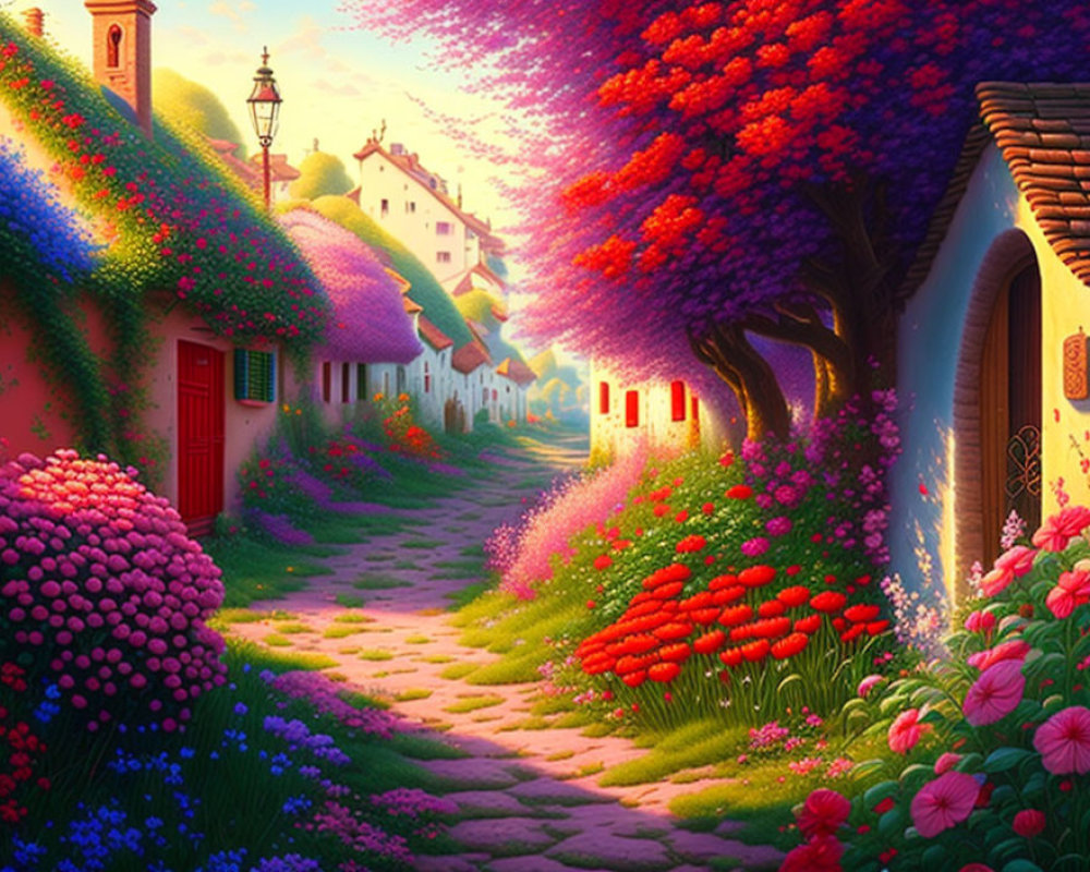 Colorful Fantasy Village with Cobblestone Paths and Blooming Trees