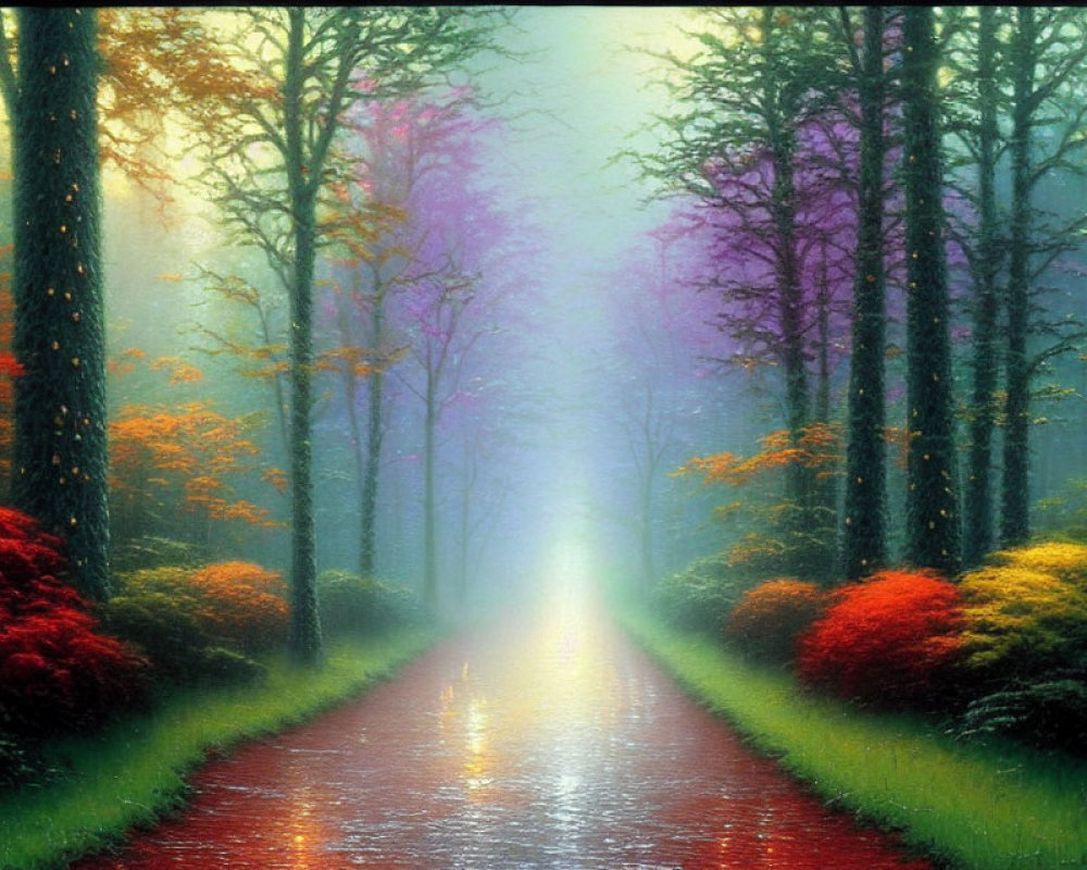 Colorful Red, Purple, and Green Trees in Mystical Forest Pathway