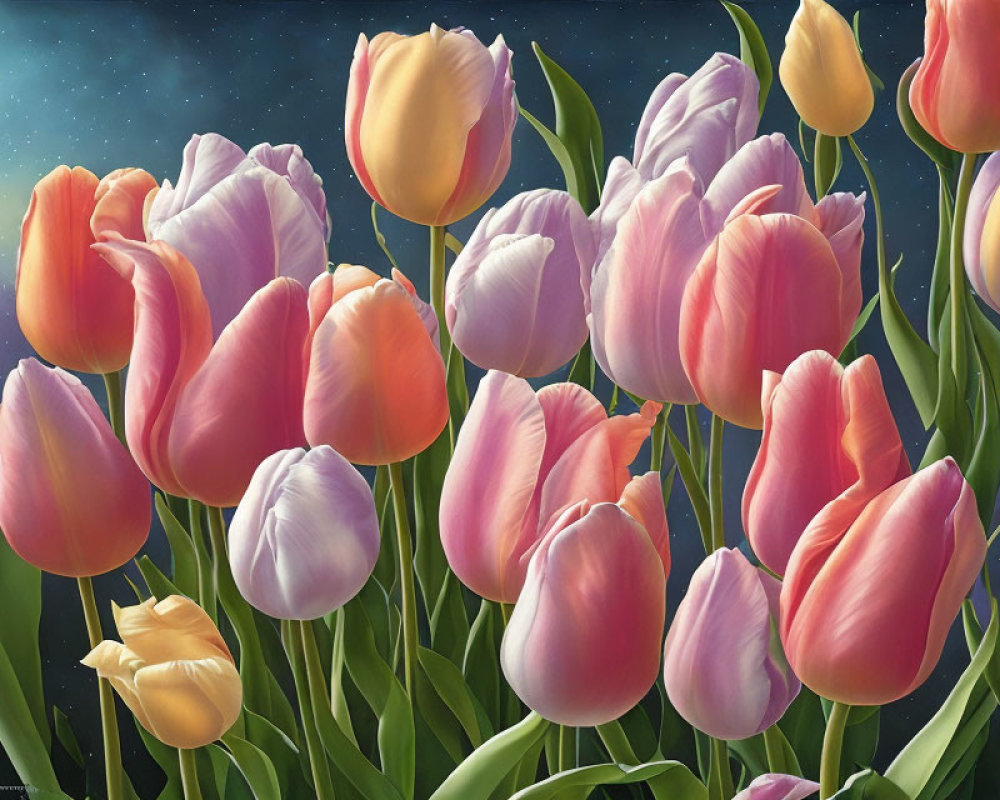 Colorful Tulips Painting Against Starry Night Sky