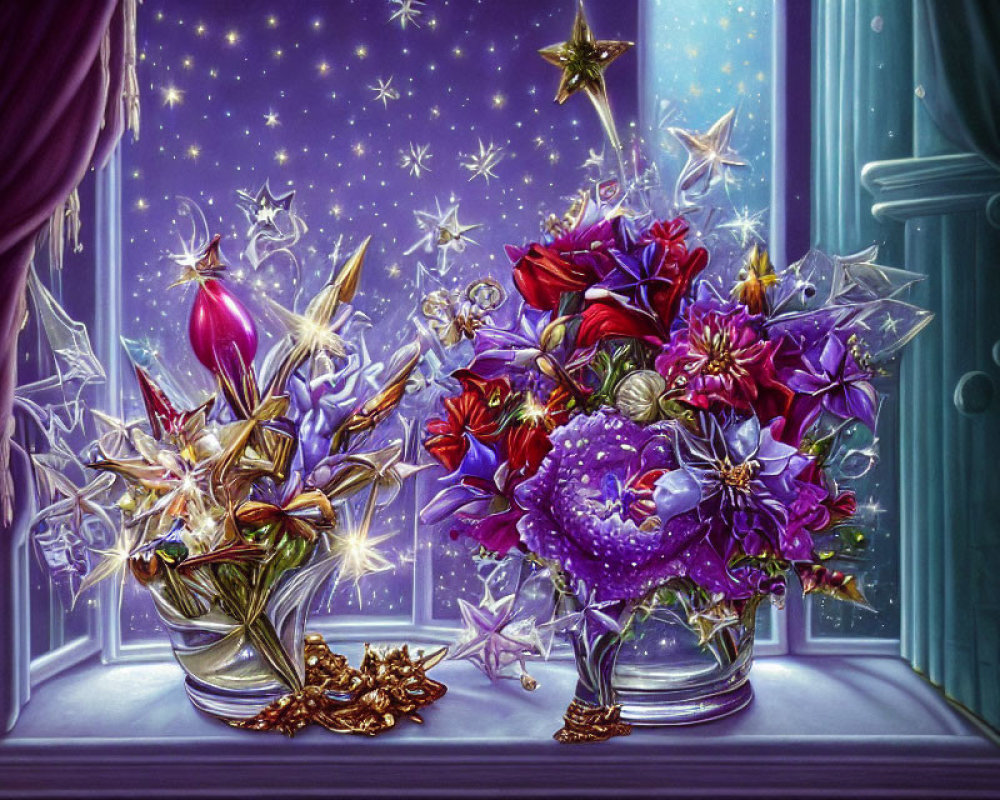 Vibrant bouquets with sparkles on windowsill under twilight sky