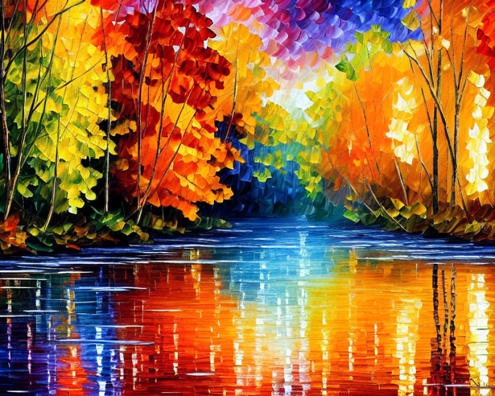 Impressionistic painting of reflective river and autumn trees in bold brushstrokes