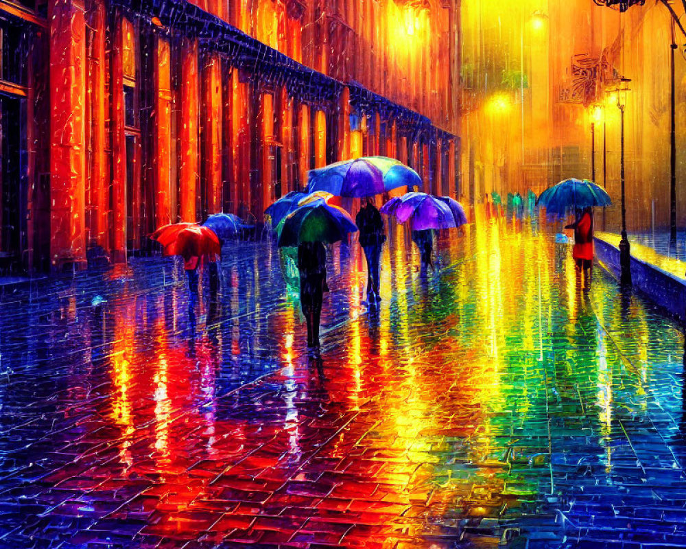 Colorful rainy street scene with people, umbrellas, and vintage lamps