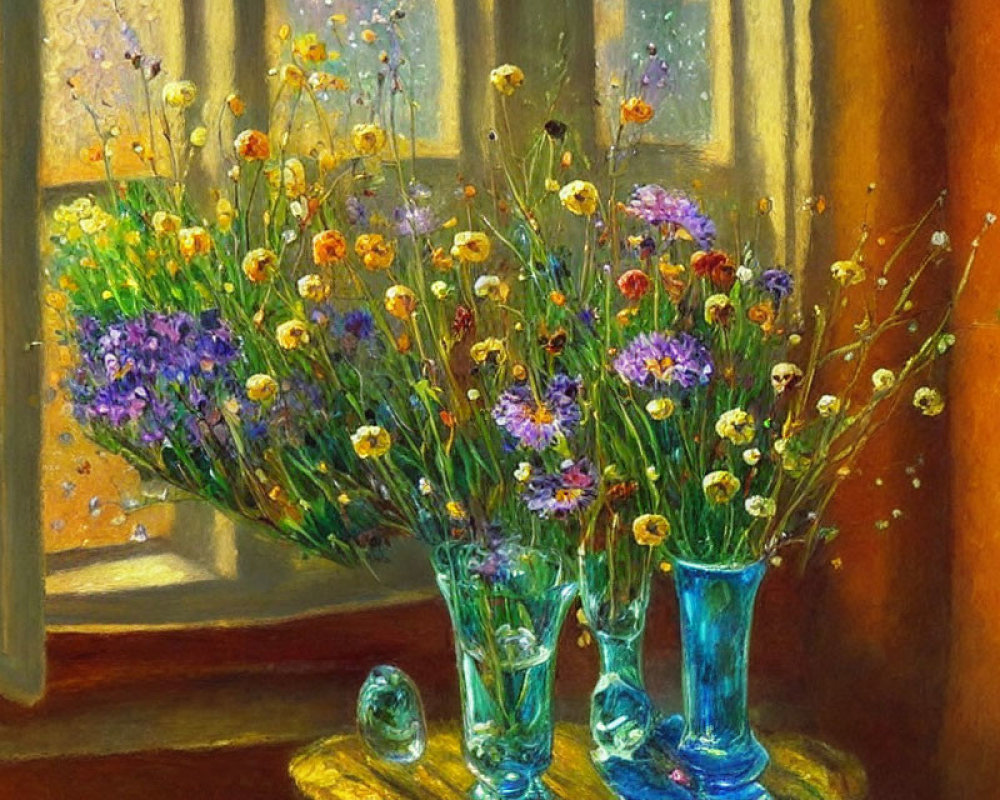 Colorful oil painting of wildflowers in blue vases under sunlight by a window