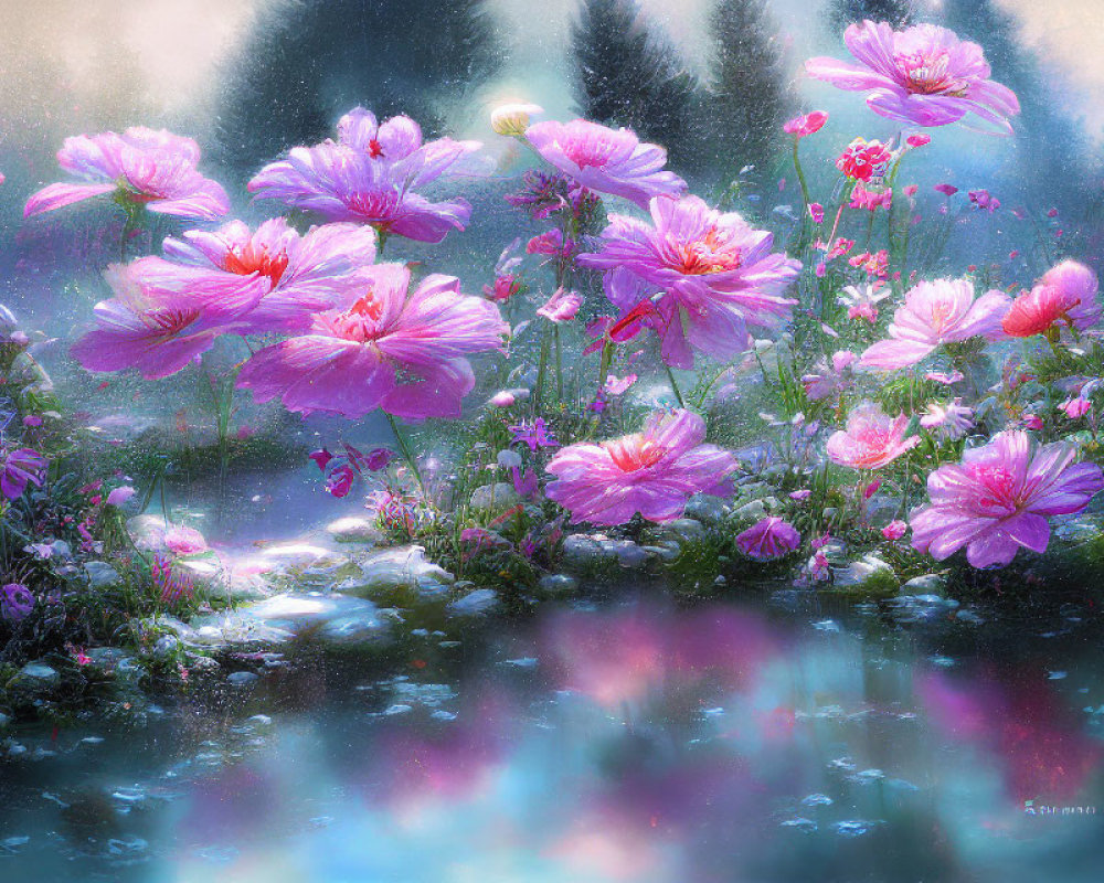 Pink Cosmos Flowers Blooming in Misty Meadow with Water Reflection