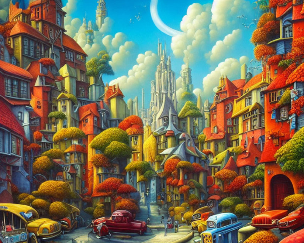 Colorful fantasy cityscape with whimsical architecture and vintage cars under crescent moon