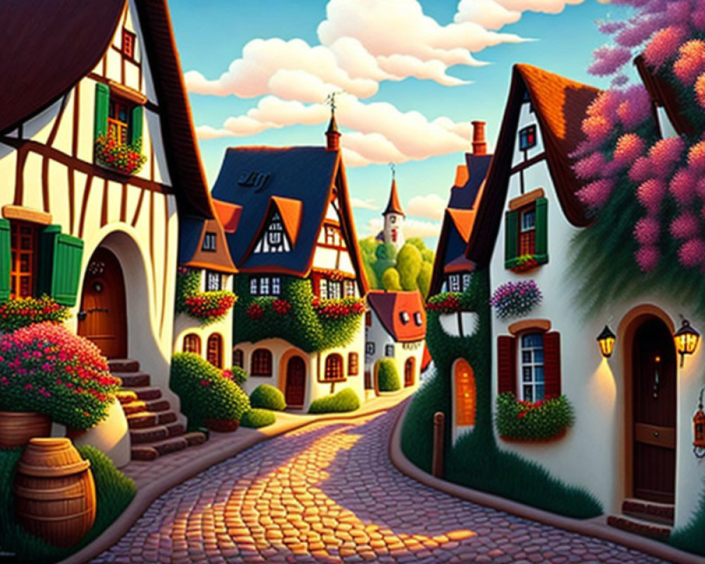 Illustration of colorful village street with half-timbered houses