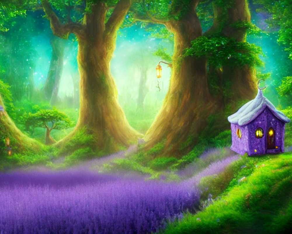 Purple whimsical house in enchanted forest with mist and glowing lantern