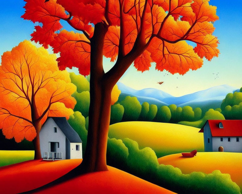 Colorful autumn landscape with orange trees, golden hills, houses, and mountains.