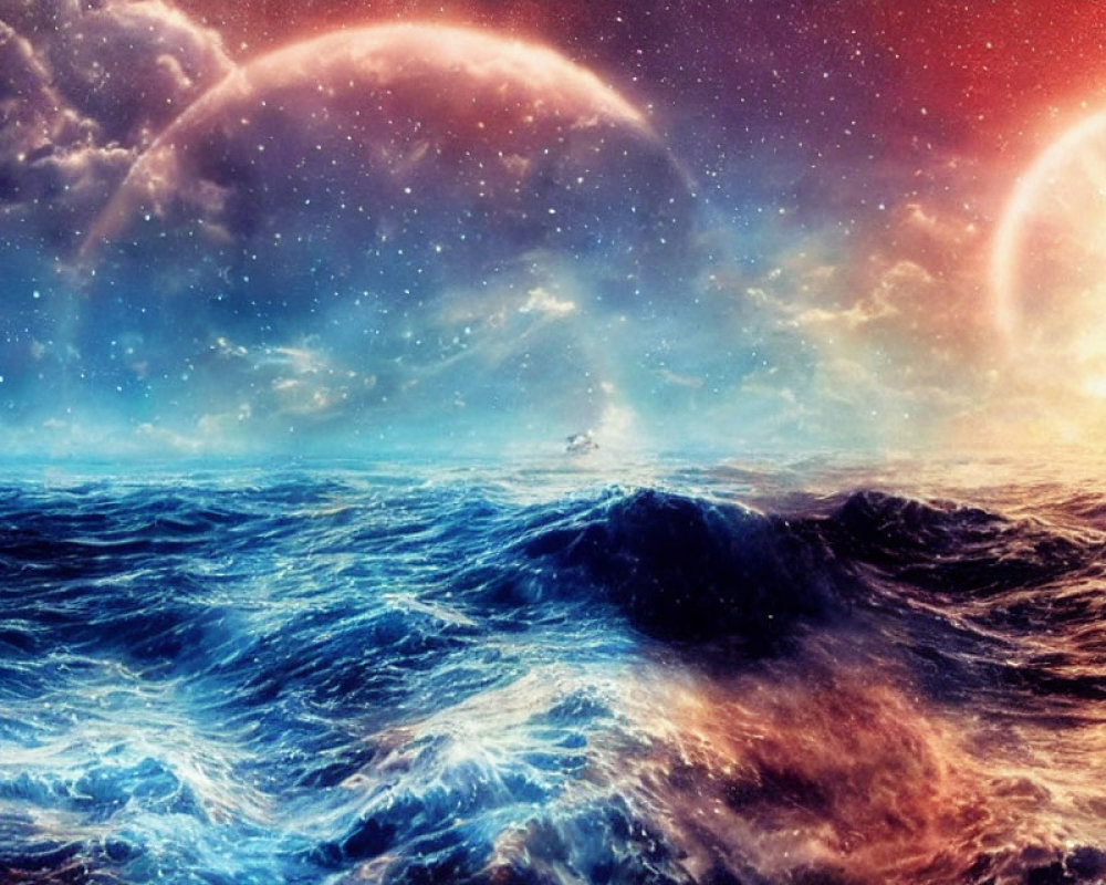 Vibrant cosmic ocean scene with blue waves and celestial bodies