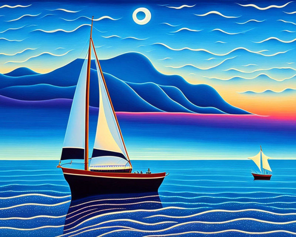 Sailboats painting: Vibrant sea, dusk sky, crescent moon