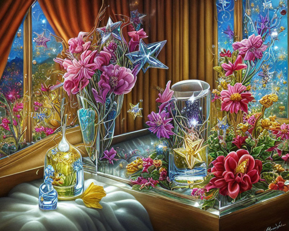 Colorful Windowsill Decor with Flowers, Stars, and Night Sky