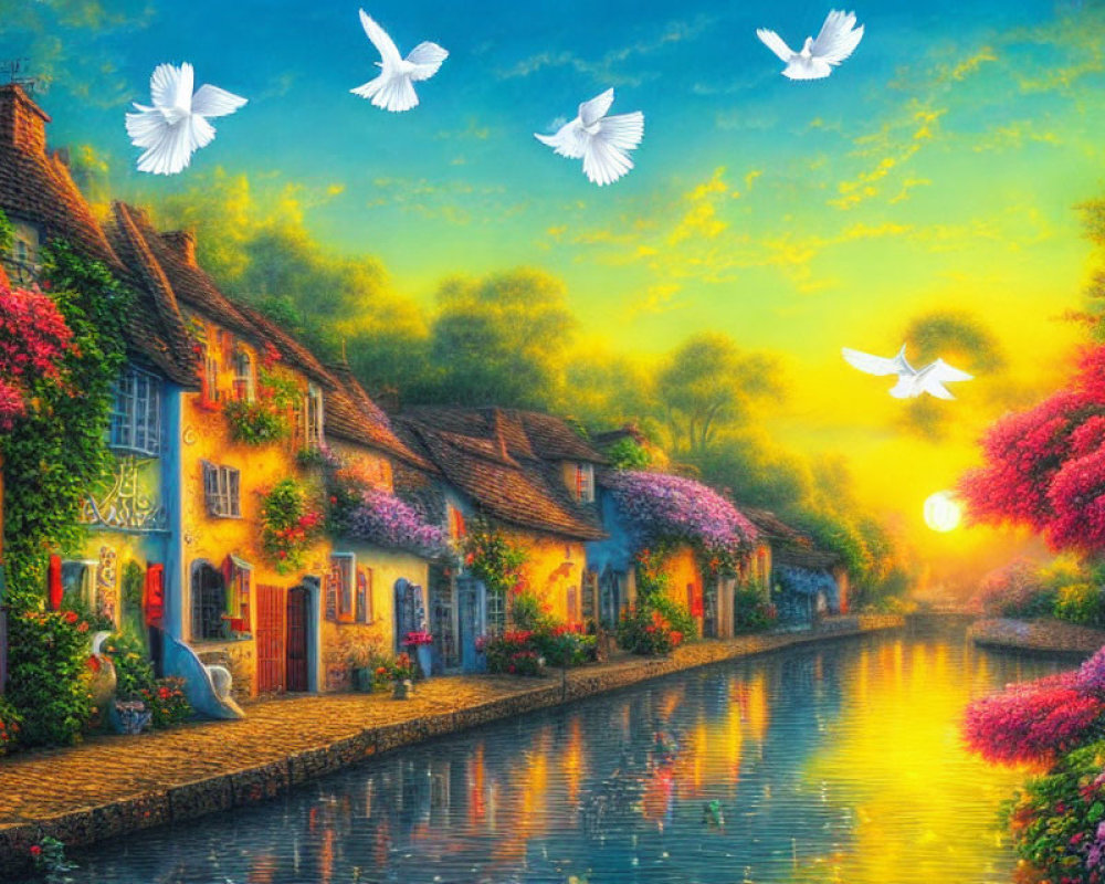 Colorful cottages, blooming flowers, serene river, and birds in sunset village scene