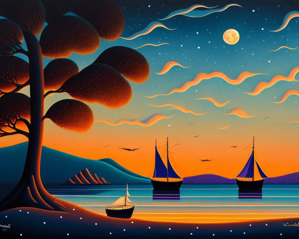 Colorful painting: tree, boats, hills, moonlit sky, clouds, birds