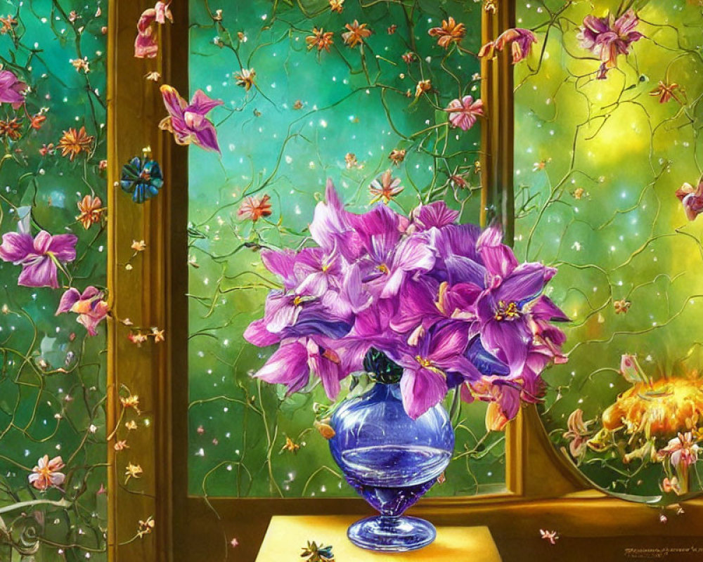 Colorful painting of purple flowers in blue vase on table by starry night window