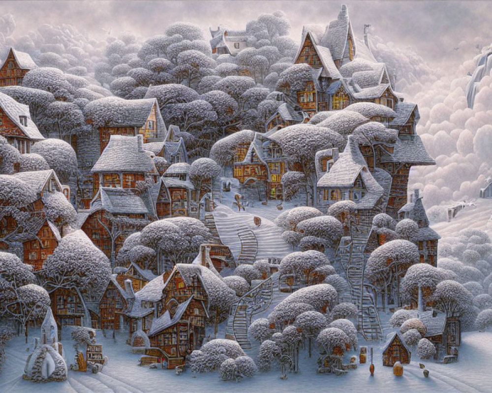 Snow-covered village in serene winter landscape