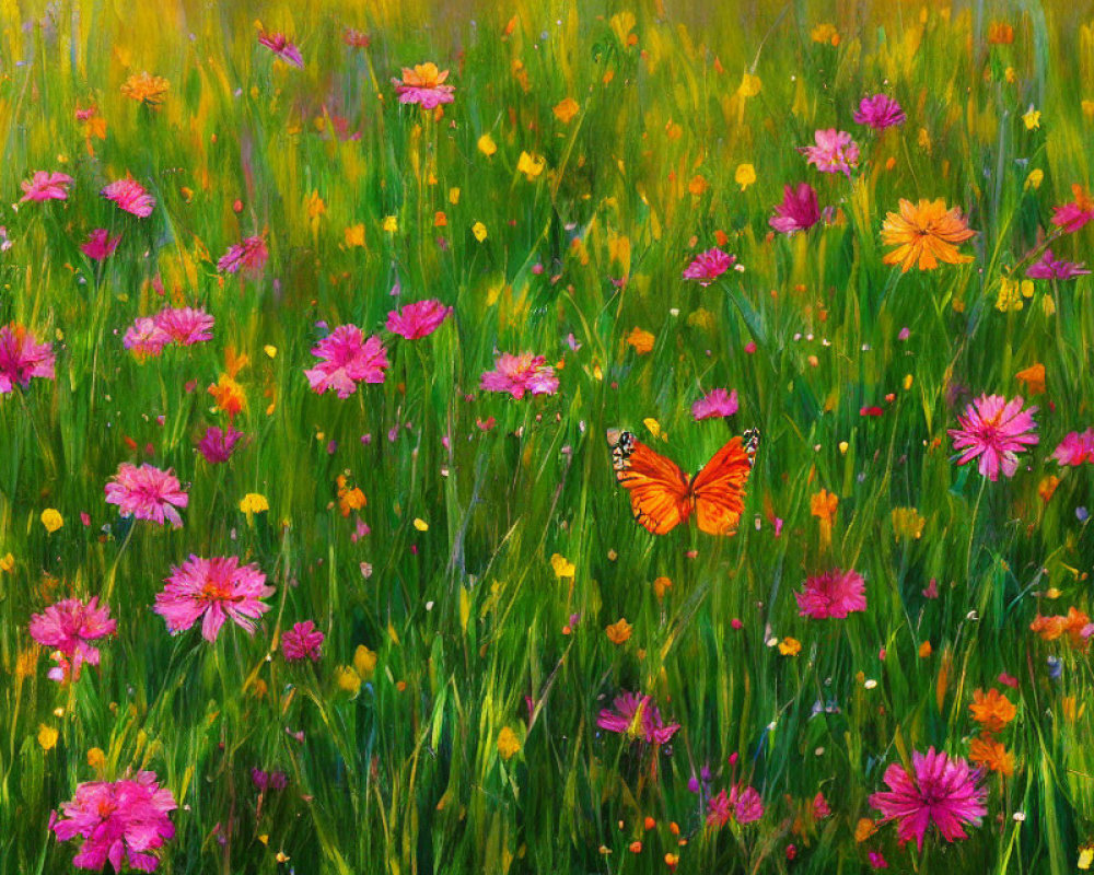 Colorful flower meadow painting with orange butterfly in tall grasses