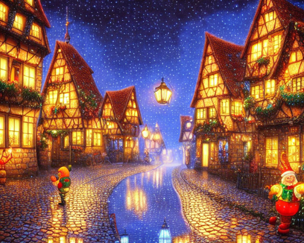 Festive Winter Scene: Cobblestone Street with Snowman and Santa Hat Character