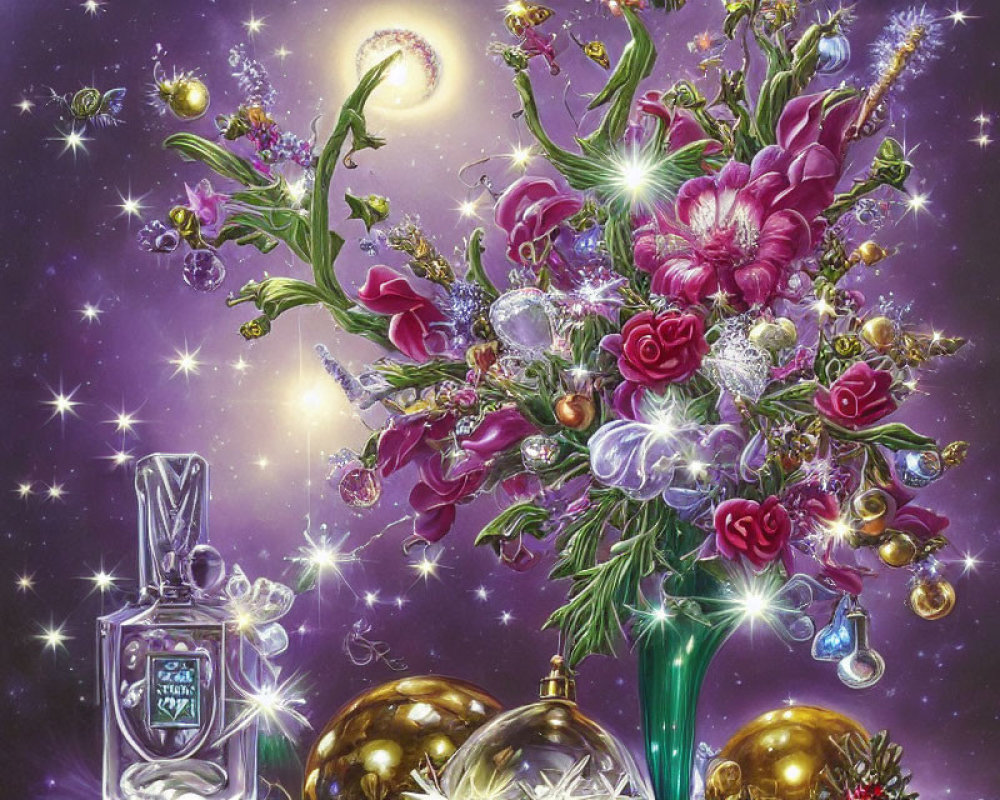 Colorful floral and starry background with perfume bottle in left corner