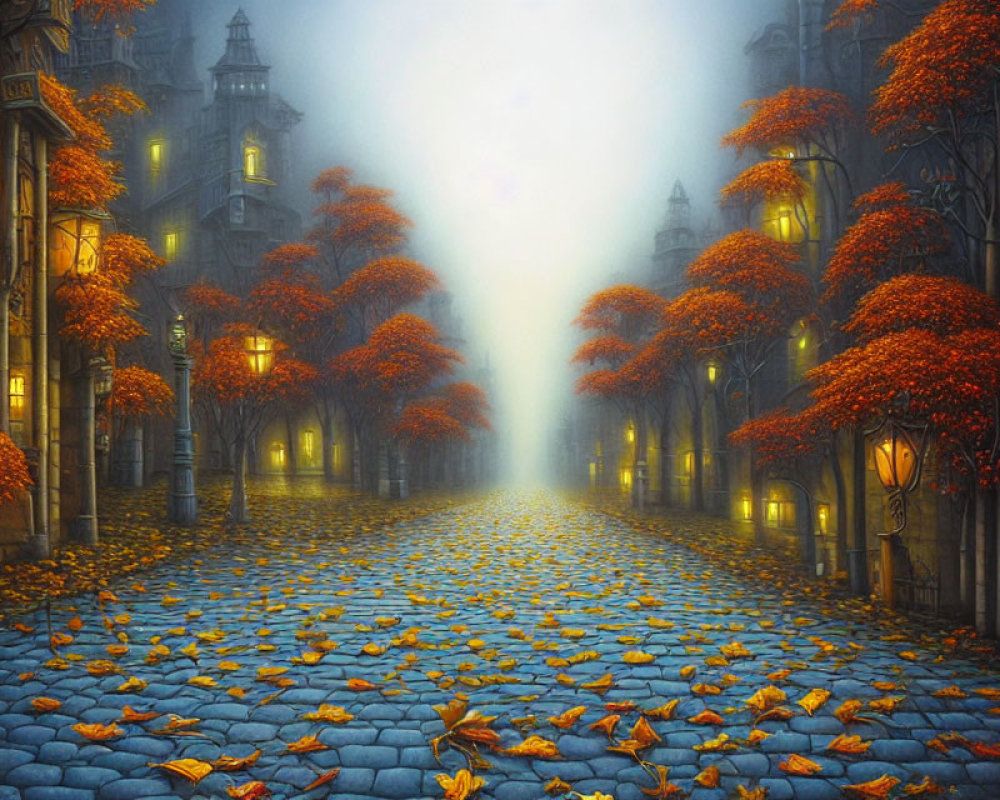 Cobblestone street with orange-leaved trees on misty autumn day