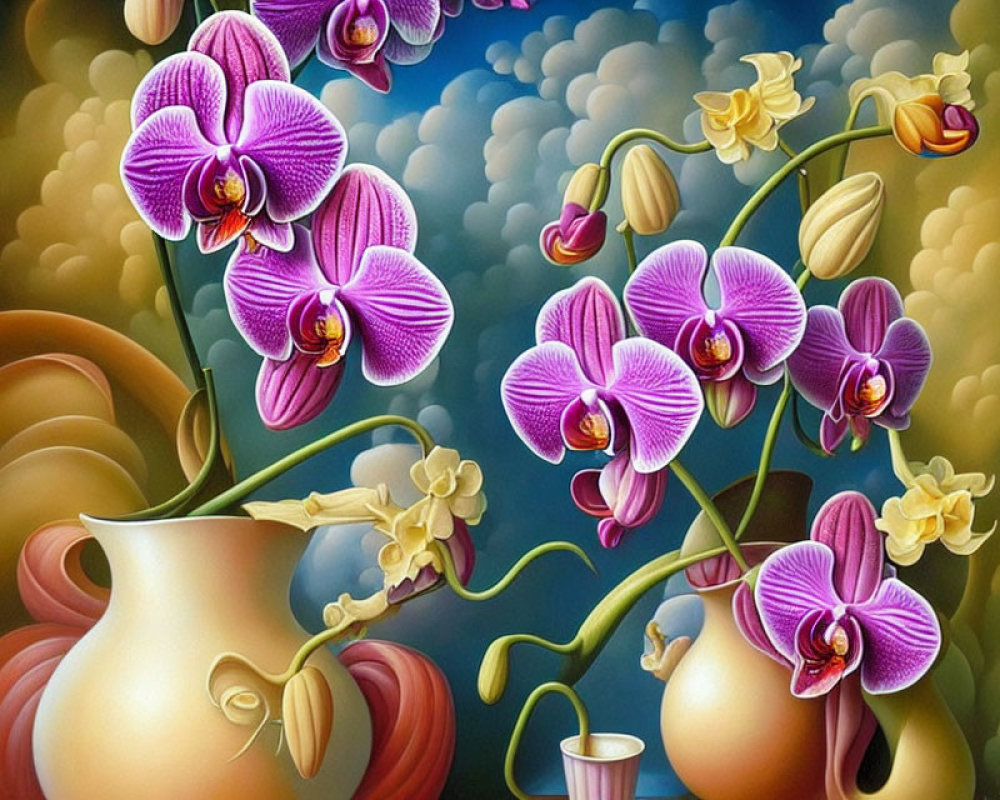 Vibrant digital painting: purple and yellow orchids in classical vases