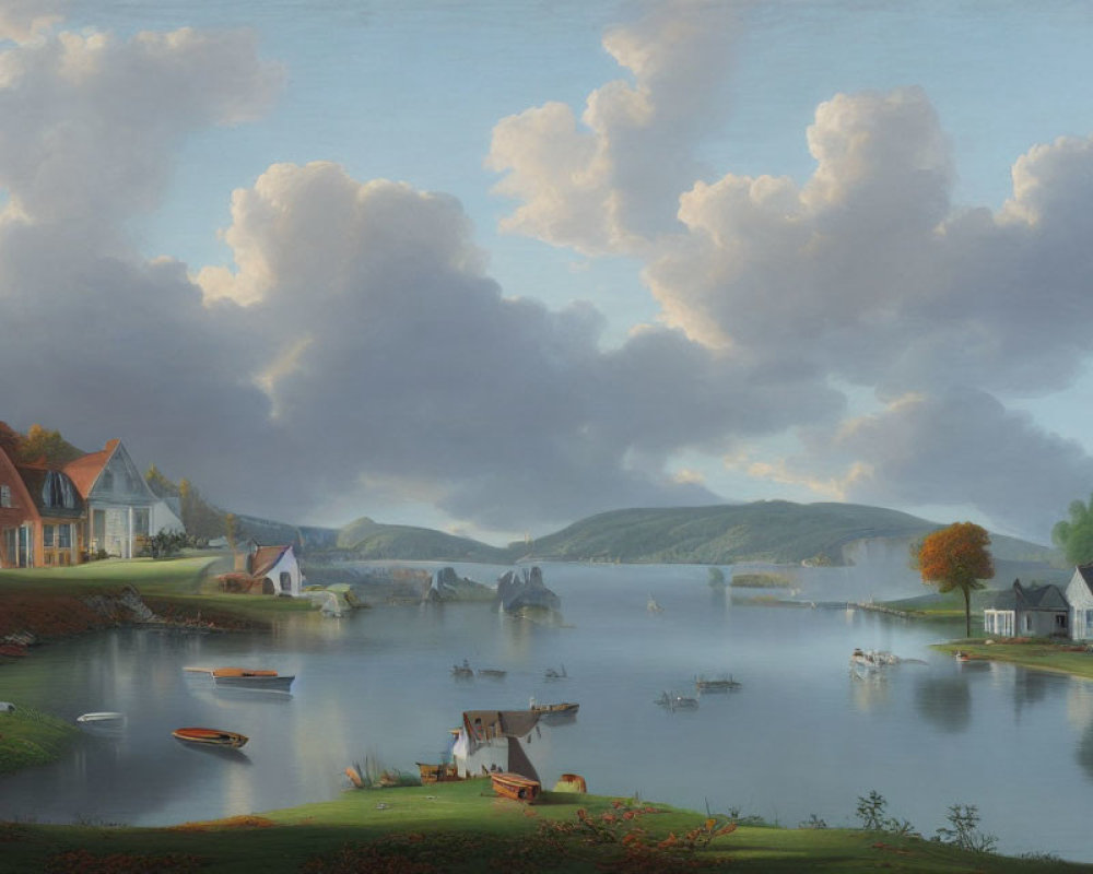 Tranquil river landscape with boats, traditional houses, lush greenery, hills, and fluffy clouds