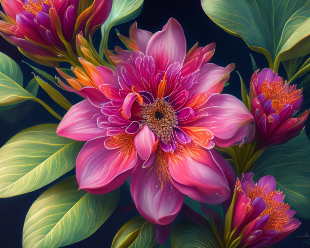 Colorful digital artwork: Pink lotus flowers & green leaves on dark backdrop