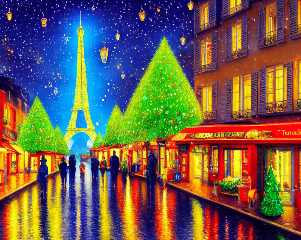 Snowy Christmas Scene: Paris Street with Eiffel Tower & Illuminated Trees