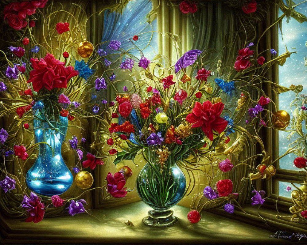 Colorful still-life painting with red blossoms in a vase and lush greenery