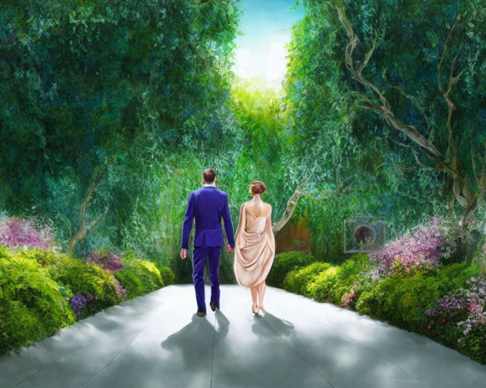 Couple walking hand in hand in lush garden setting