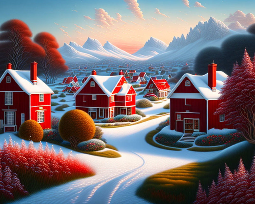 Snow-covered red houses in a winter village scene with winding pathways and twilight sky