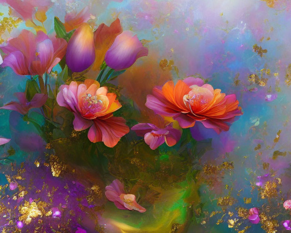 Colorful still life painting with purple and orange flowers in a vase