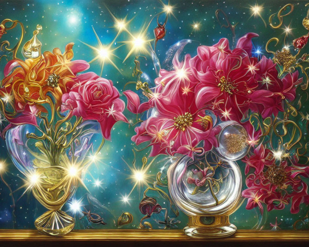 Colorful artwork: Pink flowers in gold and glass vases with stars and magical elements on celestial background