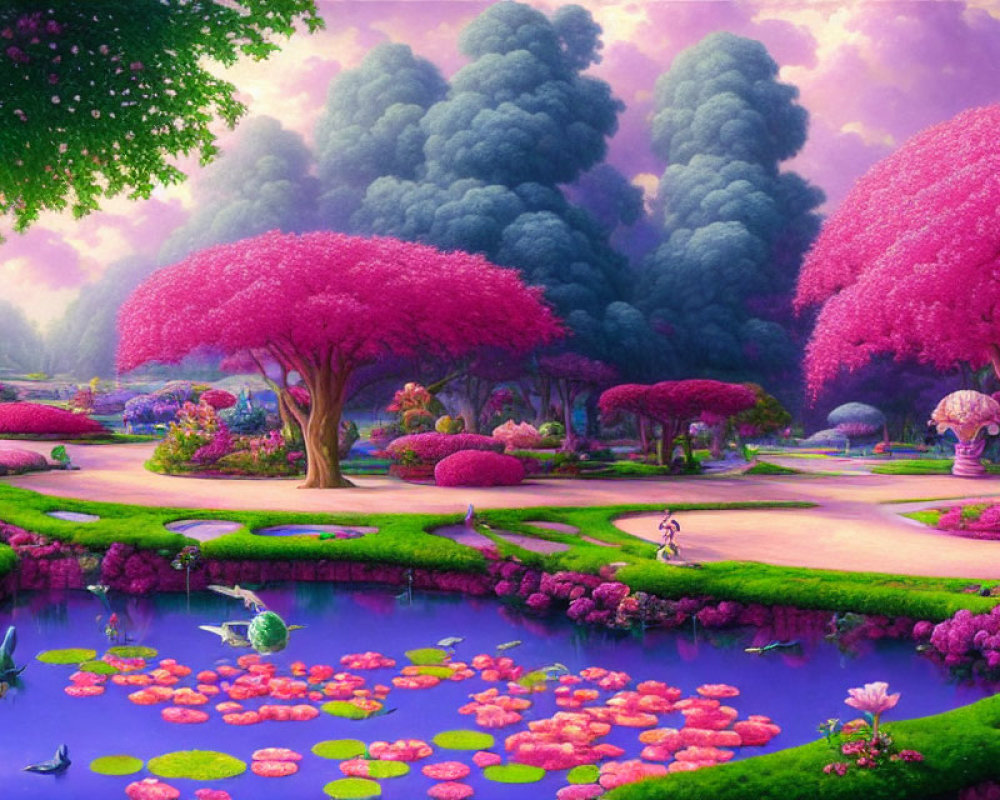 Fantasy landscape with pink flowering trees, winding creek, lily pads, lush greenery, purple