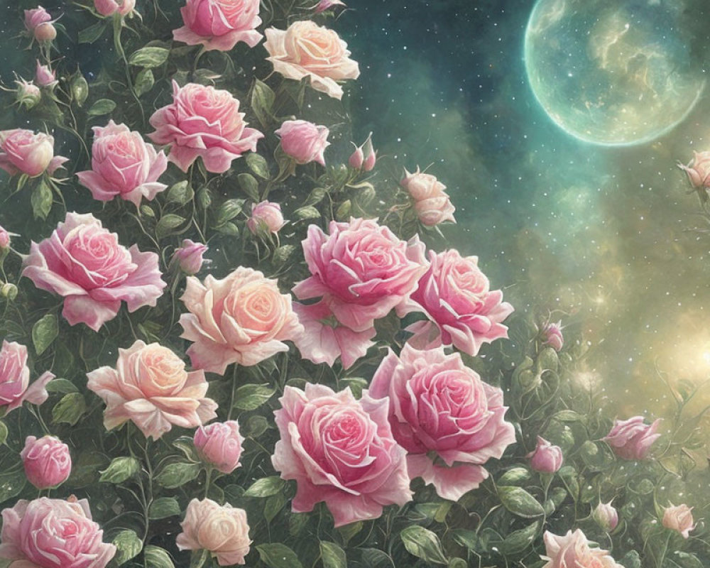 Pink Roses in Surreal Starry Sky with Glowing Moon