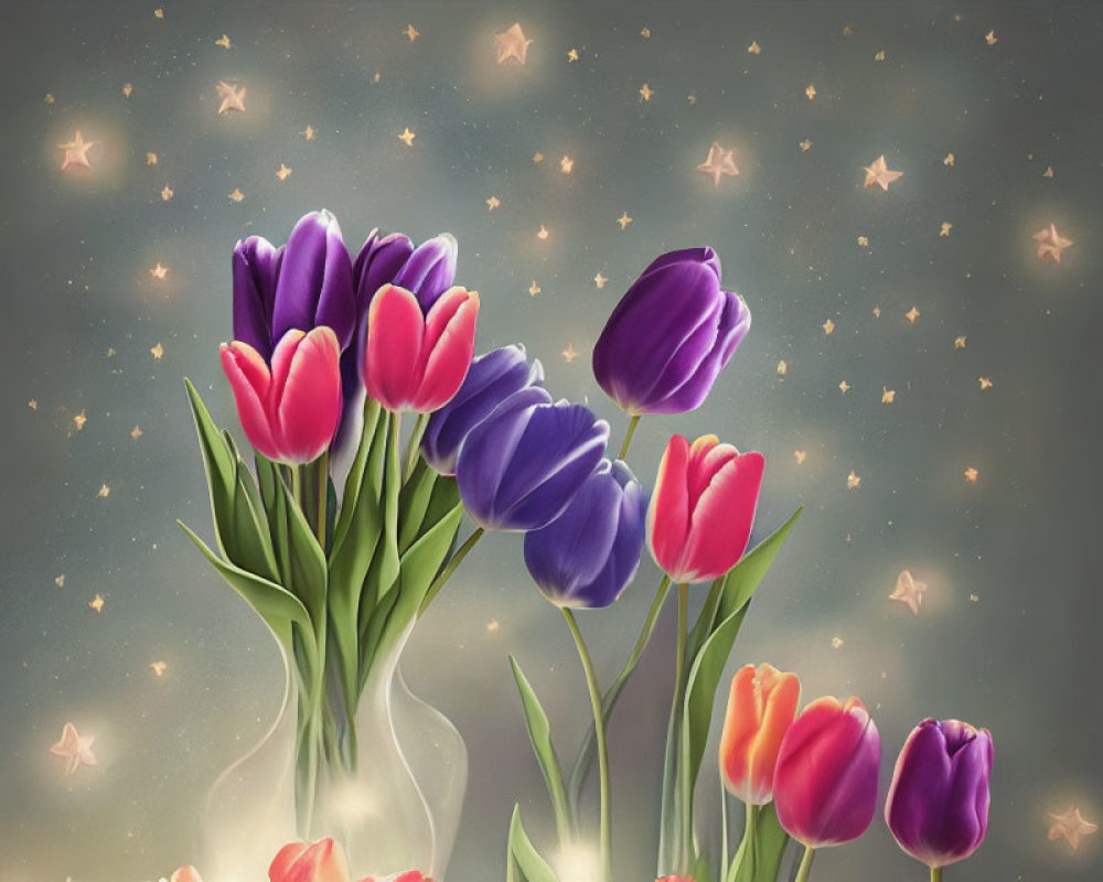 Colorful Tulip Bouquet on Starry Dreamy Background