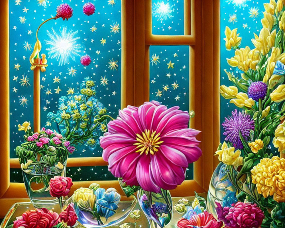 Colorful flowers and plants on windowsill with fireworks in night sky