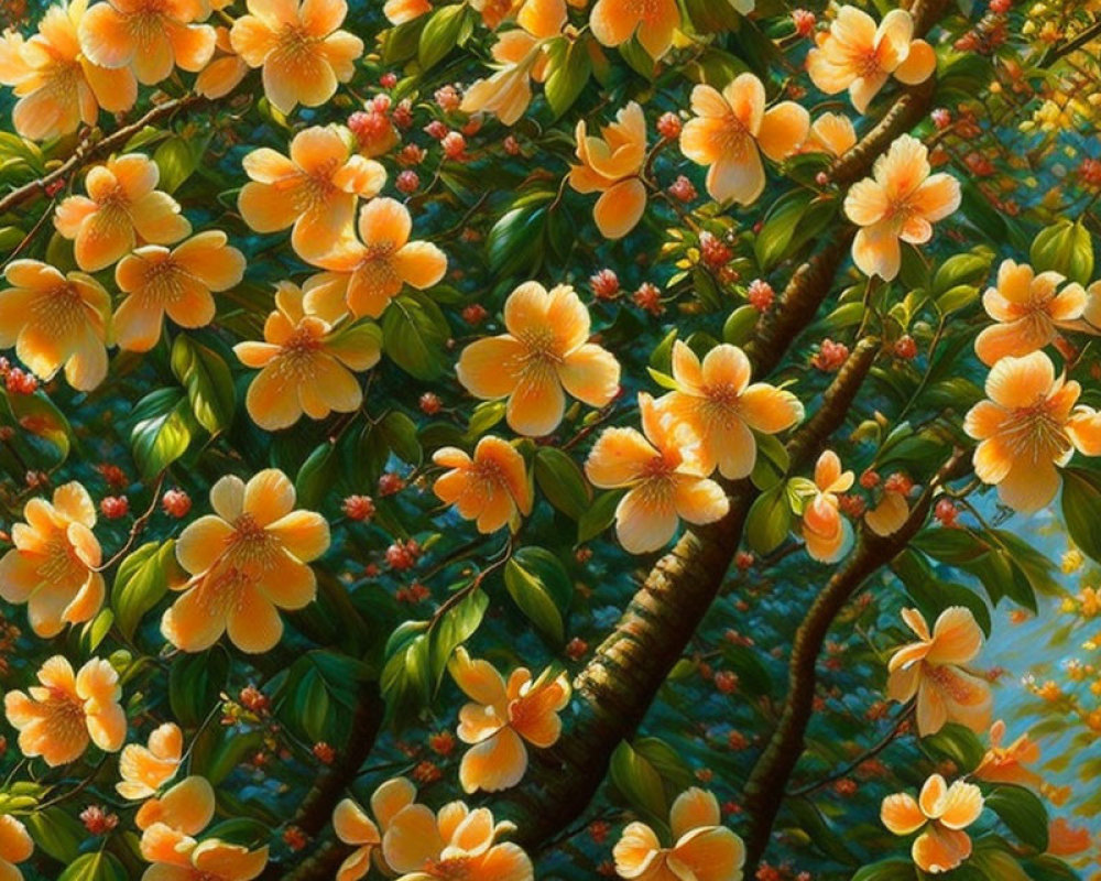 Lush Green Leaves and Vibrant Yellow Flowers on Tree Branches