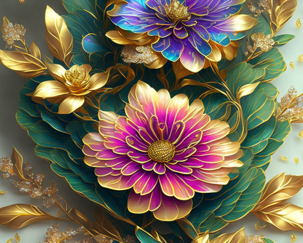 Colorful Stylized Flower Art with Gold Leaves on Dark Background