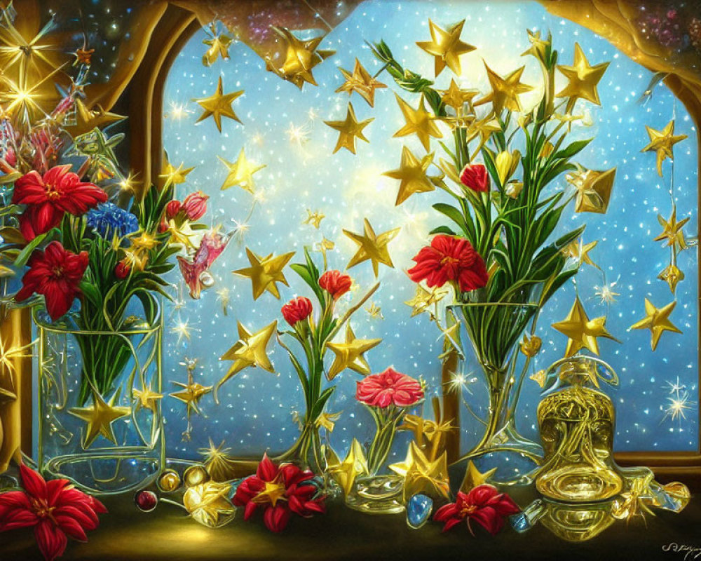 Colorful artwork with red flowers, golden stars, lamp, and starry sky backdrop