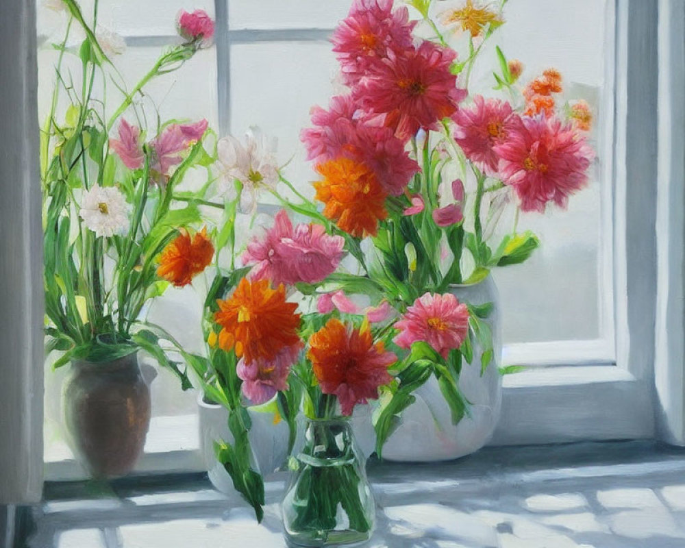 Colorful Pink and Orange Flowers in White Vase on Sunny Windowsill